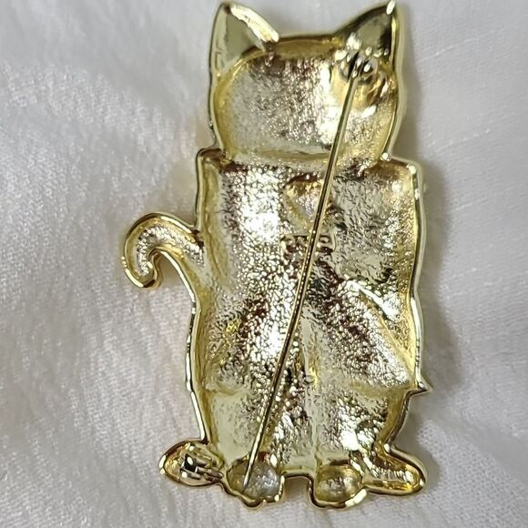 Vintage Cat Brooch with Large Bow, Gold Tone - Picture 2 of 2